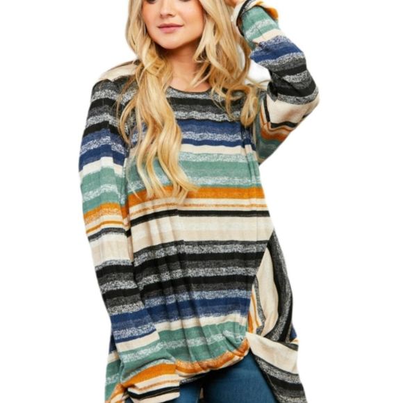 Multi Stripe Twist Hem Long Sleeve Blouse. Plus sizes 1X-3X - Picture 6 of 12